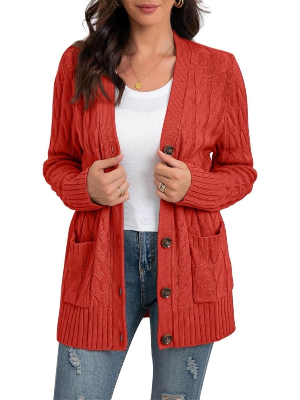 Cozy Long Sleeve Cable Knit Cardigan Sweater with Pockets for Women